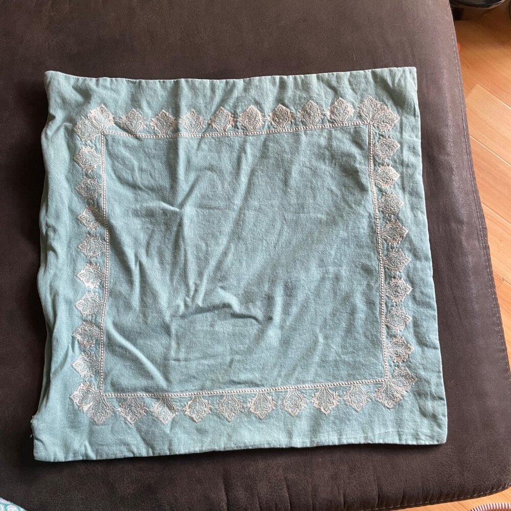 Vintage Light Blue Cotton Embroidered Pillow Cover With White Leaf Pattern & Hid